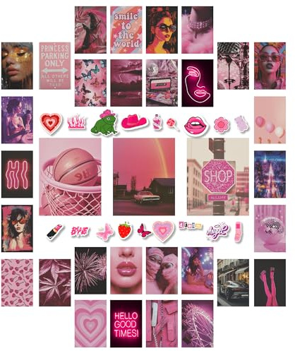97 Decor Y2k Raumdekor Ästhetische Bilder - Rosa Poster, 2000er Jahre Wanddekoration, Trendige Kunstdrucke Mit Aufklebern, Wandcollage Kit für Teenager Mädchen Wohnheim