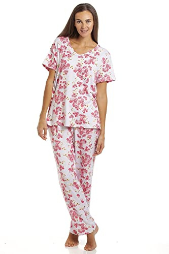 Camille Womens Stunning Floral Print Short Sleeved Pyjama Set - Ladies Lightweight Full Length Pyjama - Comfortable & Breathable Summer Nightwear