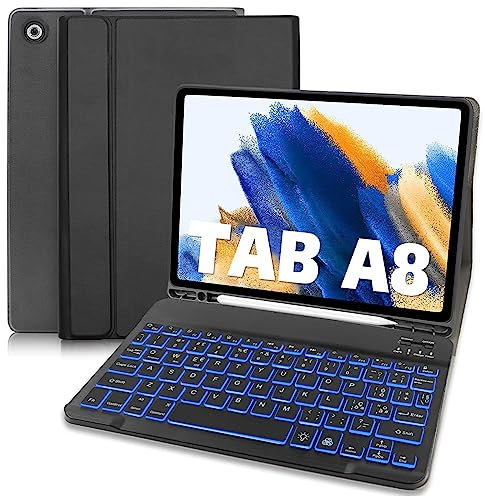 TENGWUDZ Custodia per tastiera per Samsung Galaxy Tab A8 10.5 2022 SM-X200/X205/X207-Italiana QWERTZ layout,7 colori illuminati tastiera senza fili cover per Samsung Galaxy Tab A8, (no Stilo) Nero