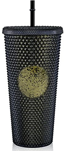 710ml Nieten Becher mit Deckel und Strohhalm Doppelwandiger Becher für Eiskaffee BPA-frei Wiederverwendbar Becher mit Nieten Großer Smoothie Becher Reisebecher für Kinder Teenager Erwachsene (Negro)