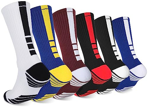 Finerview Elite Basketballsocken, Strümpfe, 6 Paar, Premium Mid Calf Athletic Socken für Erwachsene & Jugendliche, Gemischt, 6er-Pack, Small