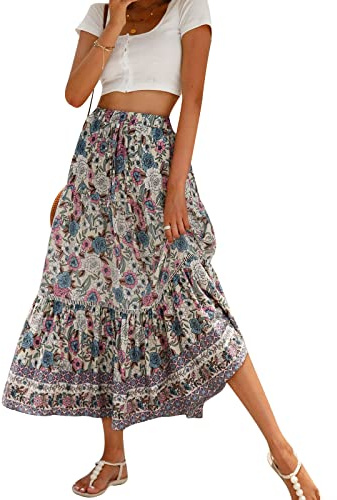Women Casual Boho Long Skirt Vintage Floral Print Bohemian Style Half Dress Elastic Waist Flowy Swing Midi Skirt Summer Spring (Creamy White, XL)
