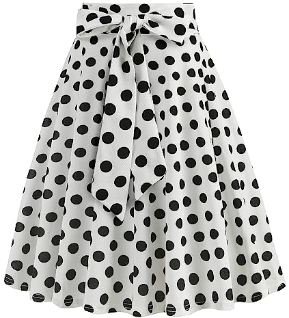 Damen 1950er Jahre Vintage Rock A Linie Faltenrock Hohe Taille Midirock Blumendruck Tellerrock Polka Dot Rockabilly Swing Rock mit G?rtel Knielang Partyrock Wei? XXL
