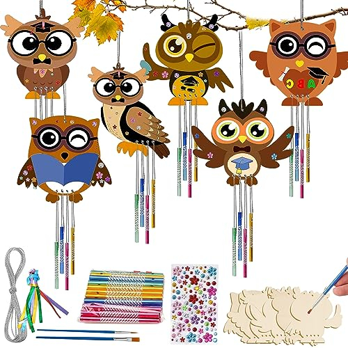 Eule Windspiel Bastelset - 6 Stück Kinder Herbst Basteln Holz, Thanksgiving DIY Eulen Basteln, Herbst Kinder Bastelhandwerk Mit Aufkleber für Erntedankfest Herbstdeko