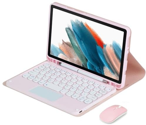 VLEAQC Étui avec Clavier pour Samsung Galaxy Tab A9 8,7 2023 (SM-X110/X115/X117), Clavier et Souris Bluetooth sans Fil détachables magnétiquement, Coque Souple légère avec Porte-Stylo,Rose