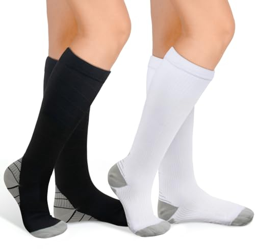 MEGAVOW 2 Paires Chaussettes de Compression Contention, Bas de Contention Homme Femme, Chaussette Haute pour Sport Course à Pied Voyage Avion Ski, L/XL, Noir & Blanc
