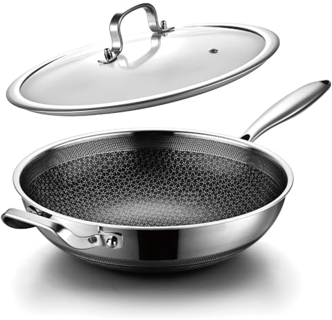 DOTCLAD Sartén wok, wok híbrido de 12 pulgadas con tapa, utensilios de cocina sin PFOA, woks antiadherentes de acero inoxidable y sartenes antiadherentes, apto para lavavajillas y horno, funciona en