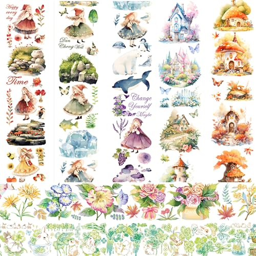 Kraeoke 4 Rollen PET Washi Tape Set Washi Sticker Retro Scrapbook Stickers Bunt Aufkleber Fotoalbum für Bullet Journals, Basteln und Geschenkpaket (Stil 2)