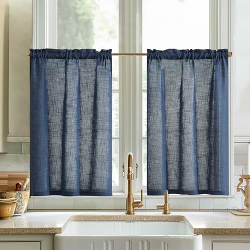 Vangao Einfarbig Scheibengardine Modern Küche Leinenoptik Bistrogardine 2er Set 65Bx60Hcm Vorhänge Halbtransparent Küchengardinen mit Stangendurchzug für Wohnzimmer Landhaus Gardinen Kurz Indigo Blau