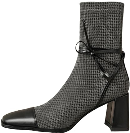 THOYBMO Stivali Donna Boots Stivali con Tacco Grosso e Punta Quadrata Stivali al Polpaccio Impreziositi da Fiocco Adatto per Viaggi di Piacere Quotidiani e Shopping,Black,35
