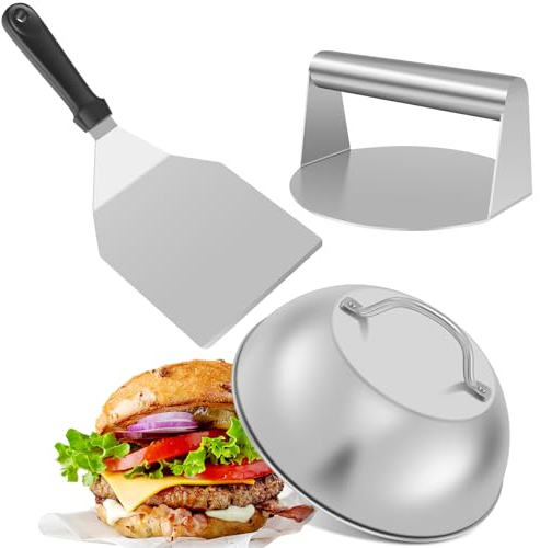 Foppla Smash - Juego de hamburguesas con tapa y espátula para hamburguesas de acero inoxidable de 5,5 pulgadas, cubierta para rafiar de 13,38 x 5,5 pulgadas, espátula para barbacoa y hamburguesas