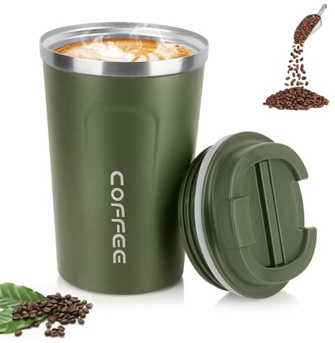 hzbaiyi Coffee Cup 380ml Vacuum Reusable Leakproof Double Wall Coffee Cup Stainless Steel Resuable Travel Mug Thermal Cup for Hot Coffee Tea and Cold Drinks(Dark Green)