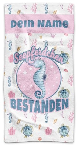PR Print Royal Kinder-Handtuch mit Name personalisiert - Seepferdchen bestanden - Rosa, Geschenk für Mädchen, Schwimmunterricht, Handtuch Personalisieren | 70 x 140 cm