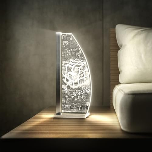 Luverre Tischlampe | LED-Leuchte | Glas-Leuchte mit Gravur für Nachttisch, Kommode, Wohnzimmer | Pop Art, Banksy, Kunst (Magic Cube, Segel | silber)