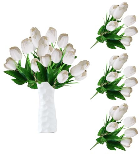 astylishome Outdoor Artificial Flowers Tulips 21Pcs Fake Tulip Real Touch Faux Flower for Wedding Bridal Bouquet Arrangements Home Party Hotel Floral DIY Decoration White 0112