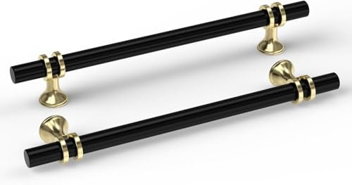 Goldenwarm 10 Pack Black & Gold T Bar Kitchen Cabinet Handles, Aluminium, 160mm, Black & Gold, Polished