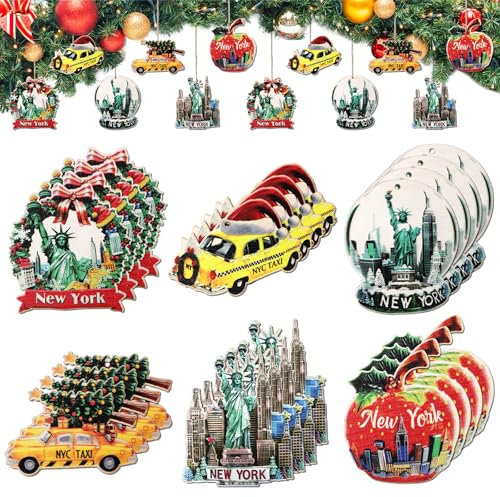 Civaner 24 Pcs New York Christmas Ornament Wooden Christmas Tree Decorations New York Souvenirs Ny NYC Xmas Ornament Wood Chips with Santa Taxi and Statue of Liberty, 6 Styles