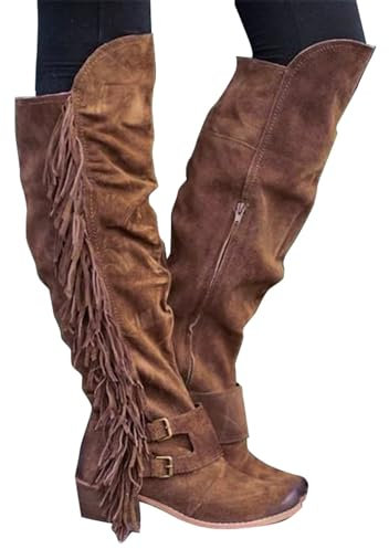 Stivali sopra il ginocchio, da cowboy con frange, stivali western da donna, in pelle scamosciata, stivali alti al ginocchio, da equitazione, da lavoro, invernali, marrone, 38