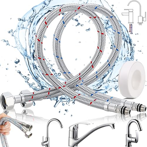 Brateuanoii 2 Pezzi Tubo Flessibile Acciaio Inossidabile Intrecciato, Per Miscelatori 60cm, G3/8 x M10, Con Nastro PTFE, Per Lavandino Cucina Bagno