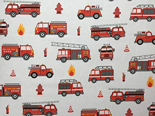 50x160cm Feuerwehr Baumwollstoff für Kinder - Kinderstoff aus 100% fester Baumwolle mit Fahrzeuge - Stoffe zum Nähen für Kinder - Kinderstoffe Feuer Feuerlöscher Muster & Feuermotiv - keine Meterware