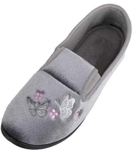 ABSOLUTE FOOTWEAR Womens Twin Gusset Velour Style Slippers with Butterfly Embroidery - Grey - UK 5 / EU 38