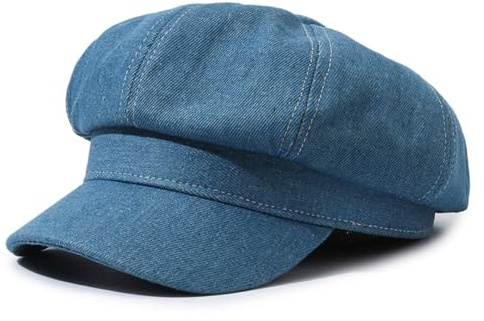 Berretto estivo da donna, 8 pannelli, stile vintage, con visiera ottagonale, in denim, con visiera, Blu, L