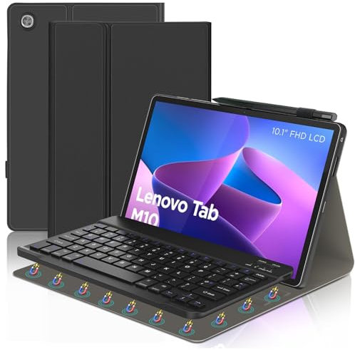 FOGARI Lenovo Tab M10 3rd Generation 10.1 inch Keyboard, UK Layout Bluetooth Detachable Keyboard with Smart Cover for Lenovo Tab M10 3rd Generation 2022, Black