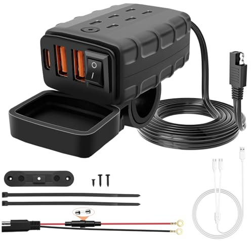 Hoembpn Prise USB Moto étanche 2 USB/2.4A + Type C/2.4A avec Interrupteur et LED,DC10V-28V Prise de Chargeur de Voiture Charge Rapide avec 3A Câble de Charge Multifonction Type C pour Bateau Caravane