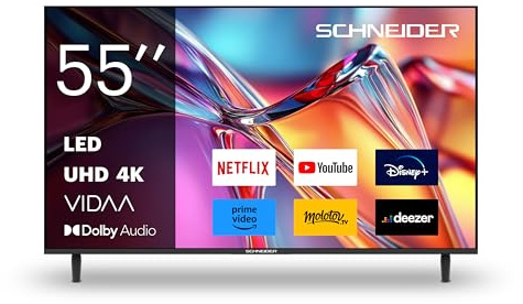 Schneider GMS55A2, Televisor LED TV 4K UHD 55(139cm), Smart Vidaa, 3840 x 2160 pix 4K UHD, HMDI 2.0x3, Puerto USBx2, Dolby Audio, Netflix, Canal+, Youtube, Disney+, Primevideo