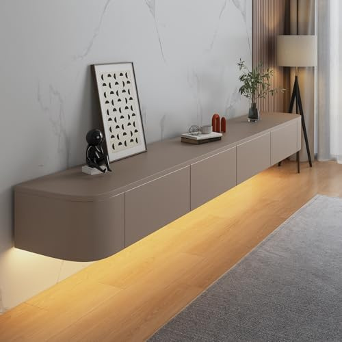 HYANXUE Schwimmender TV-Ständer, wandmontierte TV-Regale mit Tür, TV-Medienkonsole, schwimmender TV-Schrank, großer Stauraum, TV-Bank unter dem Fernseher (Khaki + LED, 140 cm)