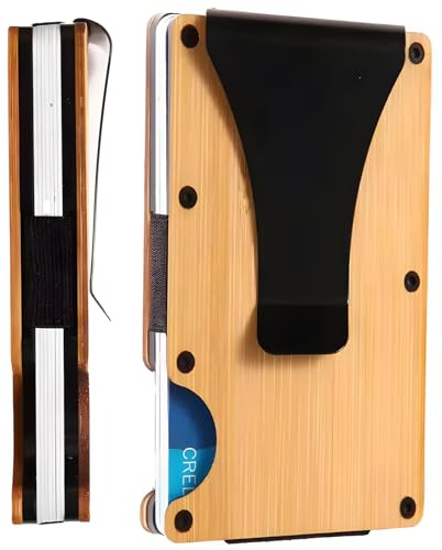 AtEaze Portefeuille minimaliste en bois pour homme - Porte-cartes fin en bois véritable avec pince à billets - Protection RFID - Design élégant et fin, bambou, 86x54mm, Minimaliste