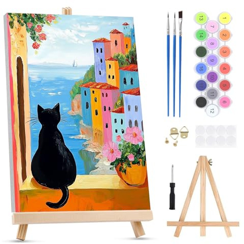 QENSPE Peinture par Numéros pour Adultes sur Toile Encadrée - avec Chevalet, Chat Paint by Numbers Kit, Maison Colorée Peinture à l'huile Acrylique pour Décoration Murale Maison (20x30 cm)