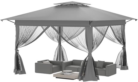 YUENFONG Pop Up Faltpavillon 4x4m, Faltpavillon 3-Stufen Höhenverstellbar Gartenzelt mit 4 Moskitonetz Seitenteilen，Metallrahmen Pavillon, Doppeldach Partyzelt inkl. Tragetasche, Silber Grau