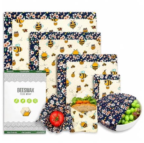 Rusokufo Bienenwachstücher Set 8 Stück (2XL,2L,2M,2S) Wiederverwendbar aus Bio Baumwolle – Nachhaltige Frischhaltefolie Alternative für Küche, Bienen Design