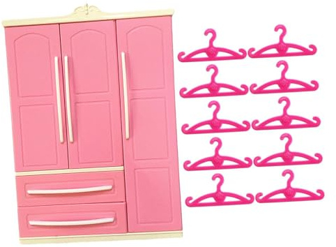 PUXZYAX Puppenkleiderschrank aus robustem Kunststoff mit Minischubladen und 10 passenden Kleiderbügeln – ideal zur Aufbewahrung von Puppenkleidung und , mit geradem Aufhänger , 18.2 x 7 x 25.8 cm