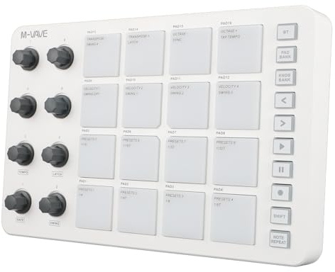 Bewinner Tragbarer Bluetooth-MIDI-Controller, 16 RGB-beleuchtete Drum-Pads mit 8 Zuweisbaren Knöpfen, Notenwiederholung, Geringe Latenz, Kabelloser MIDI-Pad-Controller für Live FL Studio Logic Pro X
