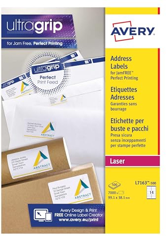 Avery Printable, Customisable Address Mailing Labels, Laser Printers, 14 per A4 Sheet, 7000 Labels, UltraGrip (L7163-500), White, 500 Blank Sheets