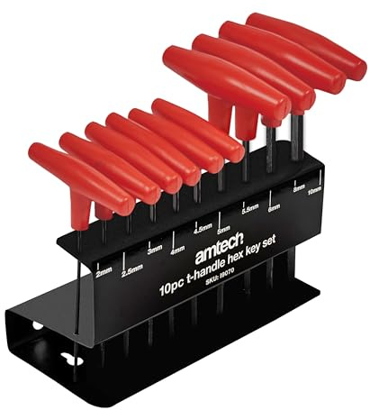 Amtech I9070 T-Handle Hex Key Set, Sizes 2, 2.5, 3, 4, 4.5, 5, 5.5, 6, 8 and 10mm, 10pcs Corrosion Resistance Carbon Steel Hex Keys