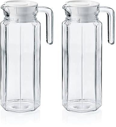 2 Glaskannen Glaskrüge Kühlschrankkannen Kühlschrankkrüge je 1 Liter aus Glas mit weißem Kunststoffdeckel