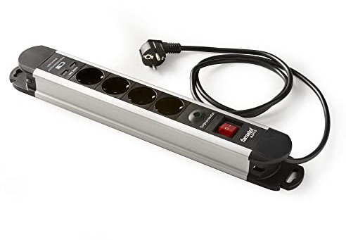 FAMATEL – Regleta aluminio 4 tomas y 2 USB | Enchufes con Interruptor Luminoso | 1,5 Metros | Hasta 3680W | Protección Infantil | Orientación tomas a 45º | Evita consumos fantasma | Negro
