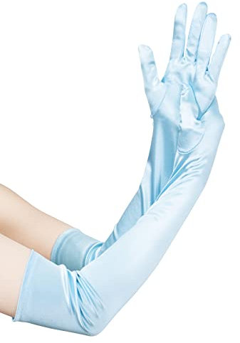 JISEN Women Long Party Formal Bridal 20s Satin Gloves Wedding Opera Mittens Lake Blue 22 Inch