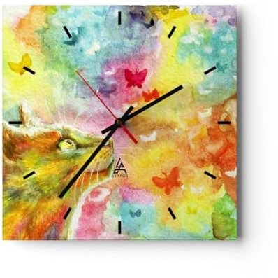 Modern Wanduhr Katze Schmetterling Regenbogen Magie 40x40cm Quadrat Groß Wand Uhr Glas Analog Zimmeruhren Küche Büro Wohnzimmer Glasuhr Wall Clock Dekoration Design Küchenuhr C3AC40x40-2920