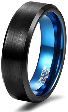 Titaniumcentral Damen Herren Ringe aus Wolframcarbid Gebürstet Schwarz Verlobungsringe Trauringe(Blau(6mm),57 (18.1))