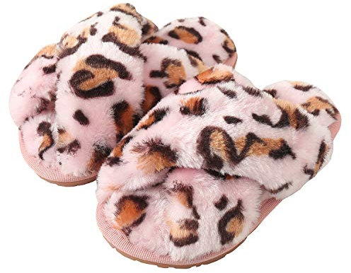 Hitopteu Pantofole Donna Peluche Casa Scarpe Bambini Invernali Slippers Ciabatte Aperta Pantofole Pelose Fluffy Infradito Rosa Leopardato EU 33/34 per la Dimensione dell'Etichetta 34/35