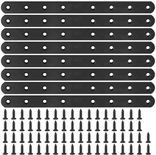 Glarks Set di 8 staffe angolari piatte e dritte da 250 mm, in metallo nero, staffe di fissaggio per riparazione con 70 viti per mobili in legno (250 x 20 x 3 mm)