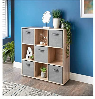 spot on dealz® Wooden Storage Shelving Unit Bookcase Home Office Use Display Furniture Living Room Décor Easy to Build (9 Cube 5 Basket-Oak)