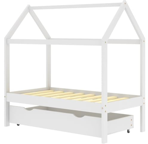 vidaXL Bois de Pin Massif Cadre de Lit d'enfant avec Un Tiroir Cabane de Lit d'enfant Sommier à Lattes Chambre à Coucher Maison Intérieur 70x140 cm
