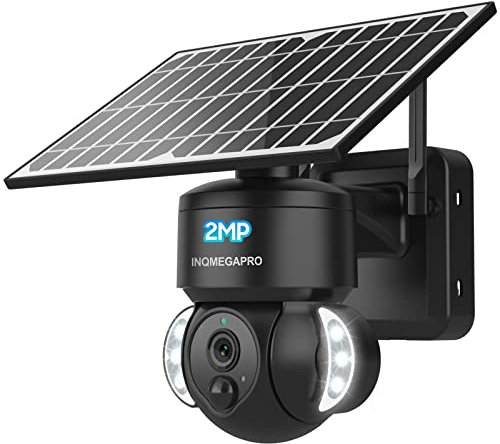 INQMEGAPRO Cámara de Vigilancia WiFi Exterior con Solar Panel 5W y Batería 12000Amh, Visión Nocturna, Audio Bidireccional, Detección de Movimiento PIR, Tuya y Smart Life Camera (Negro)