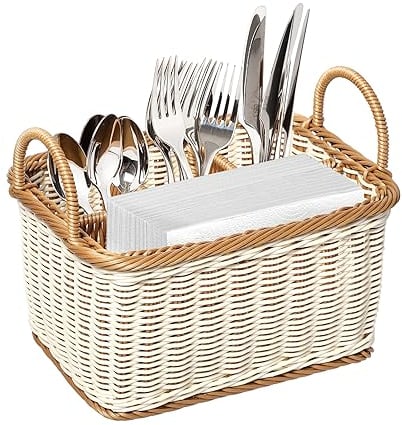 HEMOTON Besteckhalter aus Rattan, Besteckkorb geflochten für den Tisch, Tischbutler für Besteck und Utensilien mit Griffen und 4 Unterteilung Fächer, für Küche, Esszimmer, Garten oder Picknick