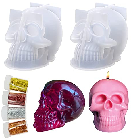 Cayway 3D Resina Epoxi Moldes de Calavera, 2 Pz Calavera Molde de Silicona para Velas para Halloween y 4 Pz Lentejuelas para Fiesta de Halloween, Hacer Velas, Jabón